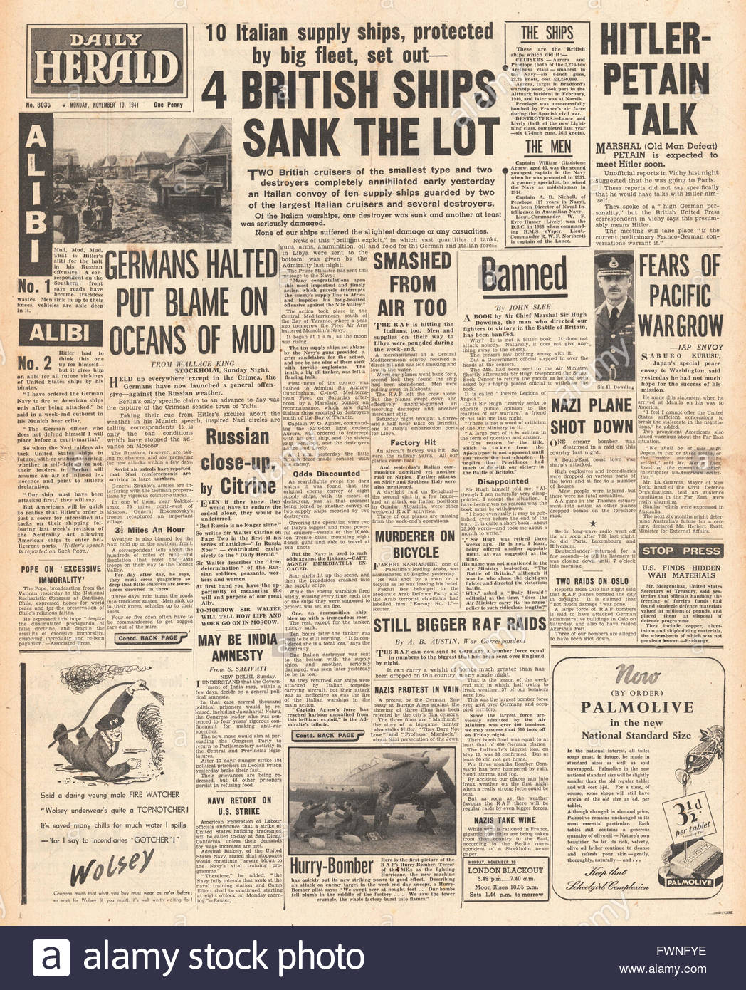 1941-front-page-daily-herald-battle-of-the-duisburg-convoy-and-hms-FWNFYE