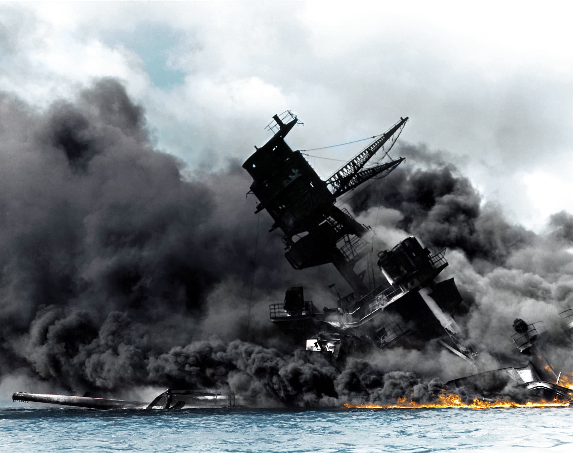 USS Arizona burning after the Japanese attack on Pearl Harbor V Norman
